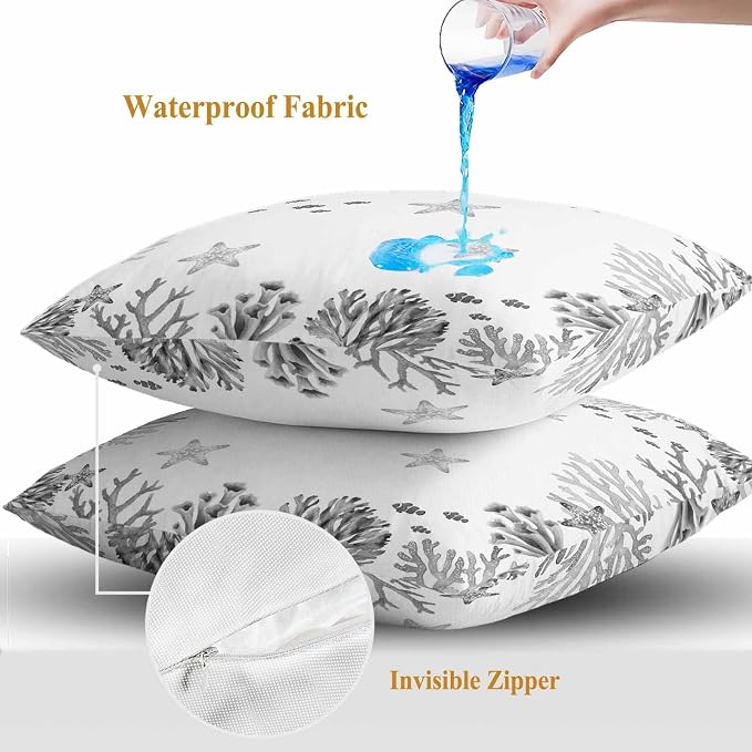 Summer Ocean Grey Coral Outdoor Waterproof Throw Pillow Covers Set of 2, 18"x18", Nautical Sea Watercolor Fish Starfish Decorative Pillow Covers Outside Cushion Case for Patio Porch Garden