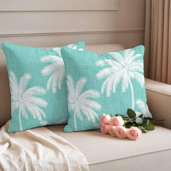 Outdoor Pillow Covers 26x26 Inch Set of 2, Teal Palm Trees Waterproof Throw Pillow Covers, Farmhouse Tropical Summer Beach Decorative Cushion Pillowcases for Couch, Sofa, Bed, Garden, Patio