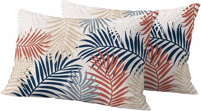 Outdoor Waterproof Throw Pillow Covers, Red Blue Yellow Palm Leaves Decorative Pillow Cases, Summer Botanical Tropical Leaf Couch Pillow Protector Patio Sofa Cushion Covers Replacement 20"x12" 2 Pack