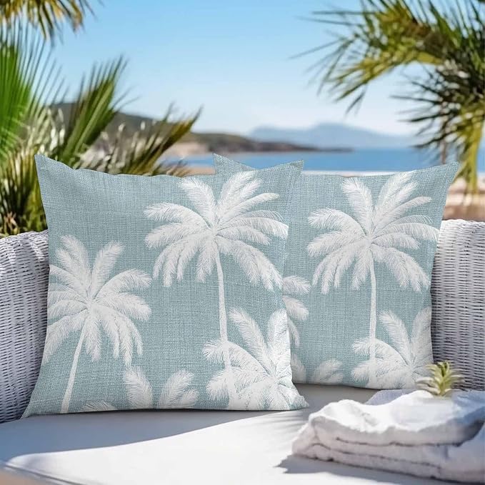 Outdoor Pillow Covers 18x18 Inch Set of 2, Grey Blue Palm Trees Waterproof Throw Pillow Covers, Farmhouse Tropical Summer Beach Decorative Cushion Pillowcases for Couch, Sofa, Bed, Garden, Patio