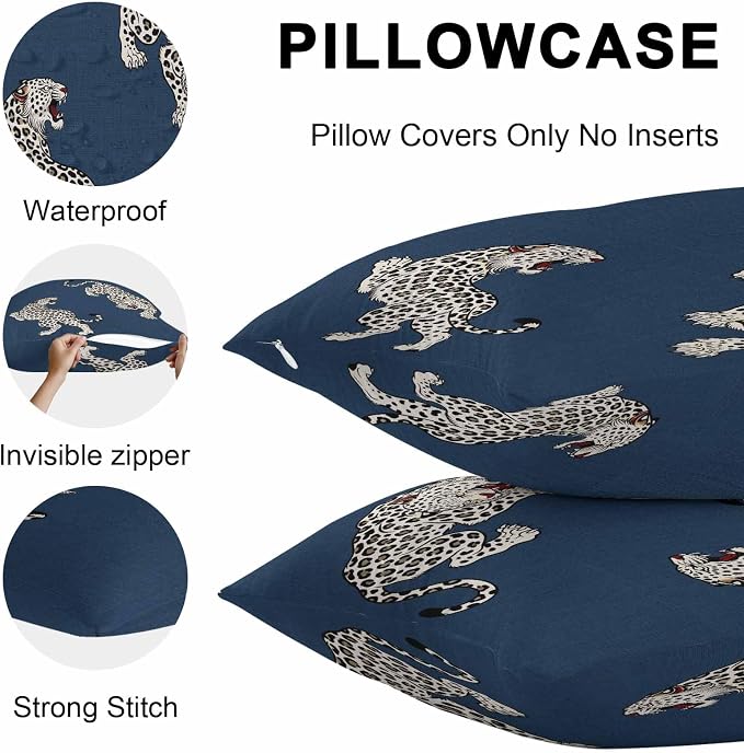 Vandarllin Outdoor Throw Pillows Covers 16x16 inch Set of 2 Waterproof Blue Leopard Decorative Zippered Cushion Covers for Patio Furniture, Bohemian Animal Print Lumbar Pillowcases