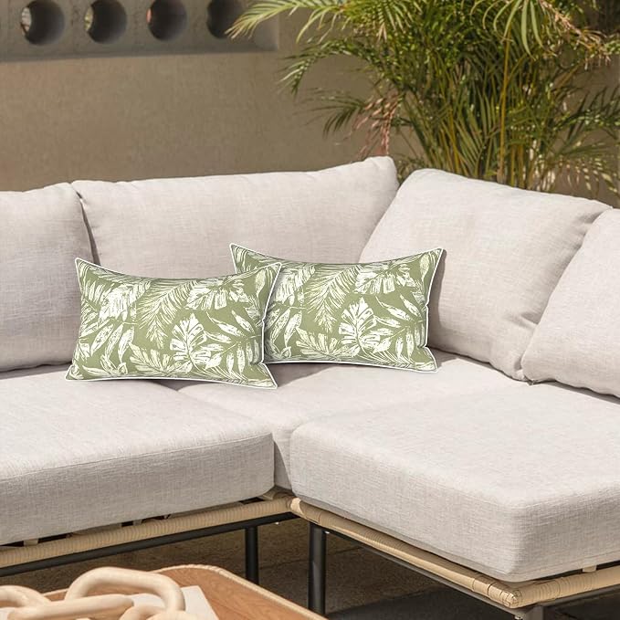 LVTXIII 2 Pack Outdoor Lumbar Pillows 12x20 Inch with White Piping, Fade Resistant Support Throw Pillows with Inserts for Patio Furniture, Sofa, Chair, Tropical Leaf Green