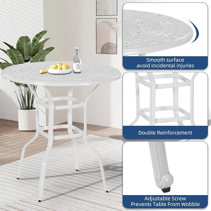 Outdoor Cast Aluminum Bar Table, 38.5" Patio Bar Height Table with 2" Umbrella Hole, All Weather High Top Bistro Round Dining Table for Outside Deck Porch Balcony Poolside, White
