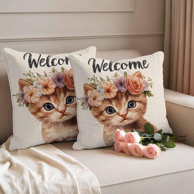 Cute Cat Outdoor Waterproof Throw Pillow Covers Set of 2, 18"x18", Garland Welcome Retro Decorative Pillow Covers Outside Cushion Case for Patio Porch Garden
