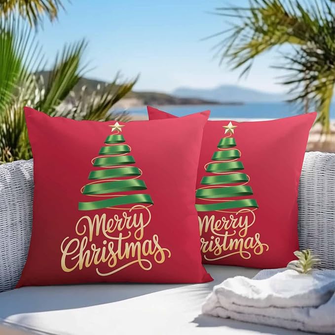 Red Christmas Tree Outdoor Pillow Covers 24 x 24 Inches, Green Xmas Tree with Star Waterproof Throw Pillow Cover Set of 2, Christmas Red Decorative Square Cushion Covers for Patio/Couch/Garden