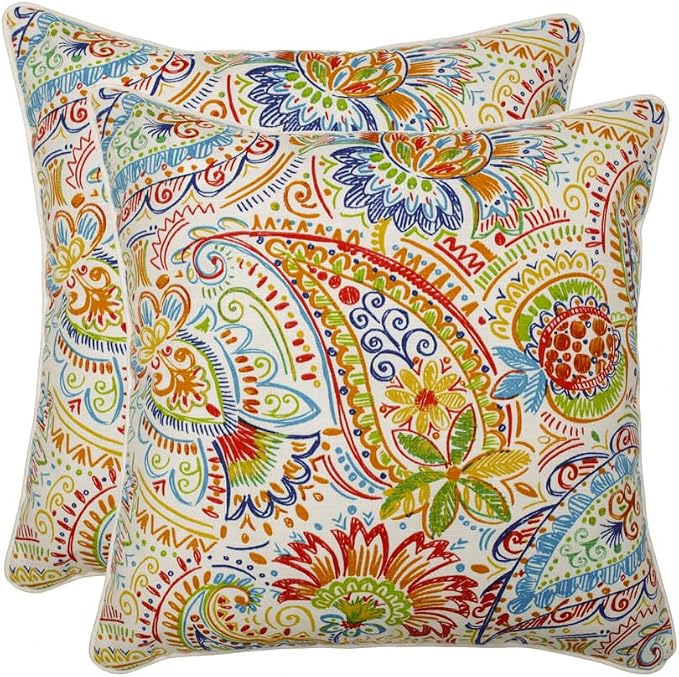 Pillow Perfect Paisley Indoor/Outdoor Accent Throw Pillow, Plush Fill, Weather, and Fade Resistant, Large Throw - 18.5" x 18.5", Blue/Green Gilford, 2 Count