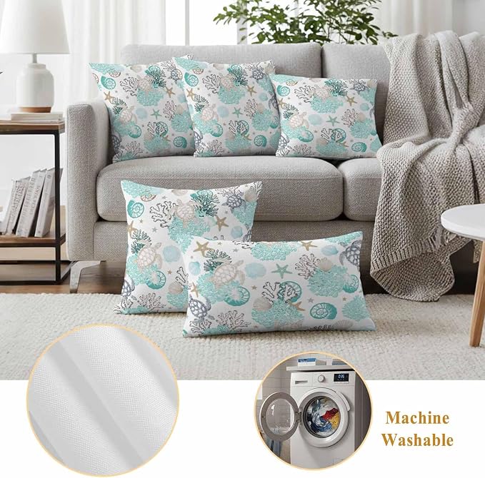Summer Coastal Outdoor Throw Pillow Cover Ocean Sea Turtle Seaweed Waterproof Cushion Covers 2 Pack Teal Grey Abstract Art Pillow Cases Home Decoration for Patio Garden Couch Sofa 18x18In