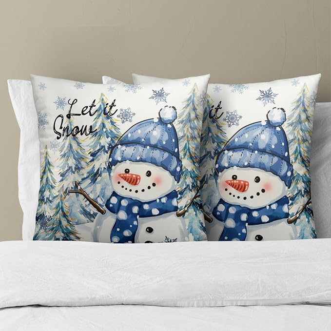 Winter Snowman Throw Pillow Covers Set of 2, 20x20 Inch Pine Trees Holiday Square Pillowcases for Living Room Bedroom Sofa Couch Patio Outdoor Home Decor