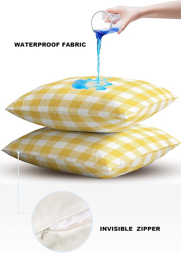 Outdoor Waterproof Throw Pillow Covers Set of 2 Yellow Buffalo Check Plaid Pillowcases 18x18 Inches Farmhouse Style Patio Decorative Pillows Cushion Case Patio Pillows for Couch Bed Chair Garden
