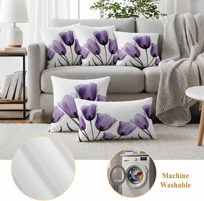 Spring Purple Outdoor Waterproof Throw Pillow Covers Set of 2, 24"x24", Flowers Image of Tulips Floral Decorative Pillow Covers Outside Cushion Case for Patio Porch Garden
