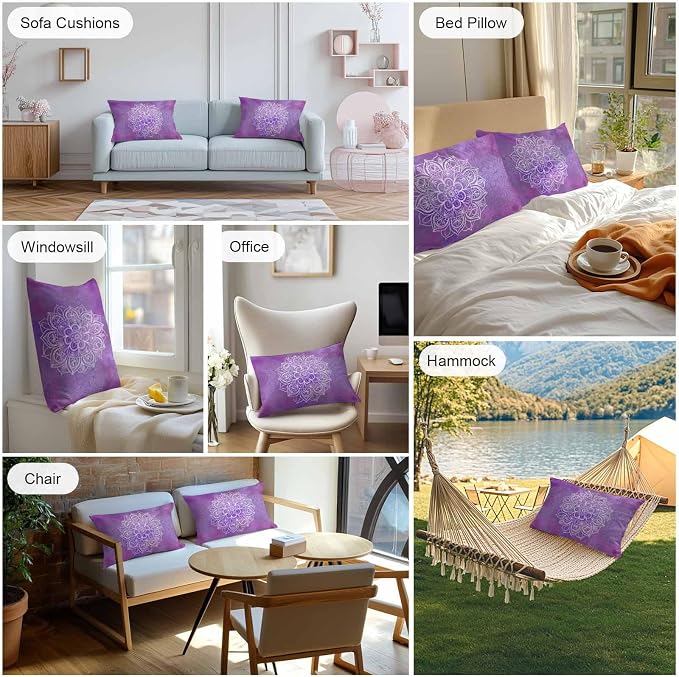 Vandarllin Outdoor Throw Pillows Covers 20x12 inch Set of 2 Waterproof Purple Boho Floral Decorative Zippered Cushion Covers for Patio Furniture, Bohemian Flower Lumbar Pillowcases