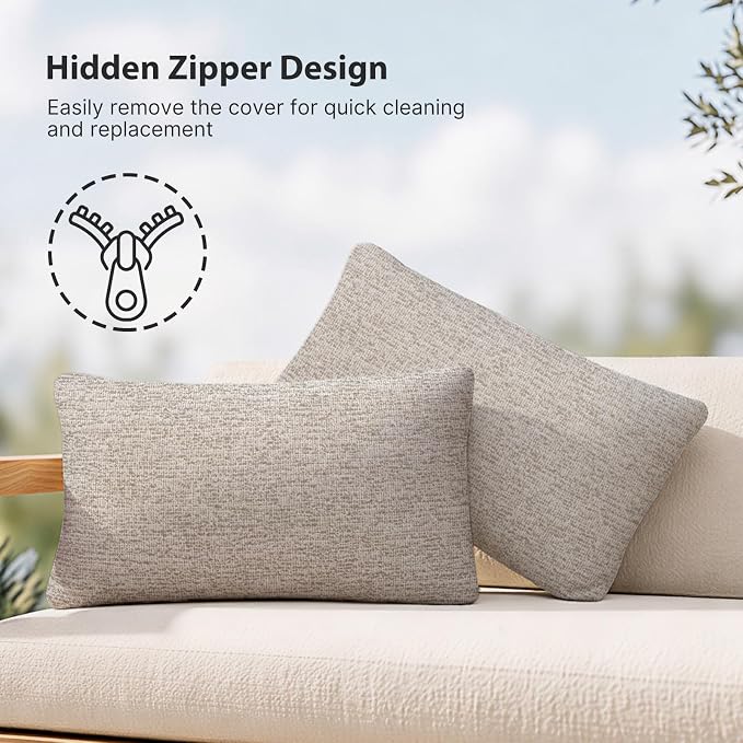 Outdoor Lumbar Pillow Set of 2 with Inserts, Outdoor Throw Pillow Water Resistant for Patio Furniture, 12x20 Inch Outdoor Pillows with Removable Zipper Cover