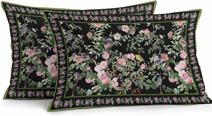 Vandarllin Outdoor Throw Pillows Covers 20x12 inch Set of 2 Waterproof Pink Floral Bird Decorative Zippered Cushion Covers for Patio Furniture, Green Leaves Branches Black Lumbar Pillowcases