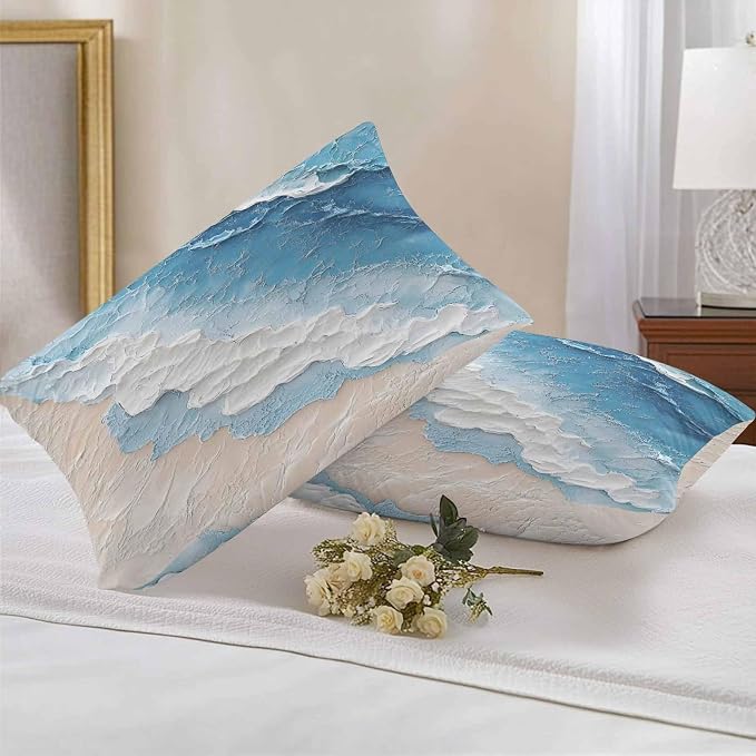 Summer Beach Theme Outdoor Pillow Covers 20x12in Pack of 2 Waterproof Pillowcase Watercolor Blue Ocean Wave Decorative Throw Cushion Case for Patio Couch Sofa