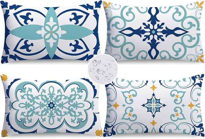 NIGHTWISH Outdoor Waterproof Pillow Covers 12x20 Set of 4 Teal Boho Decorative Outdoor Throw Pillows Floral Cushion Cases for Patio Furniture Bench Couch Sunbrella