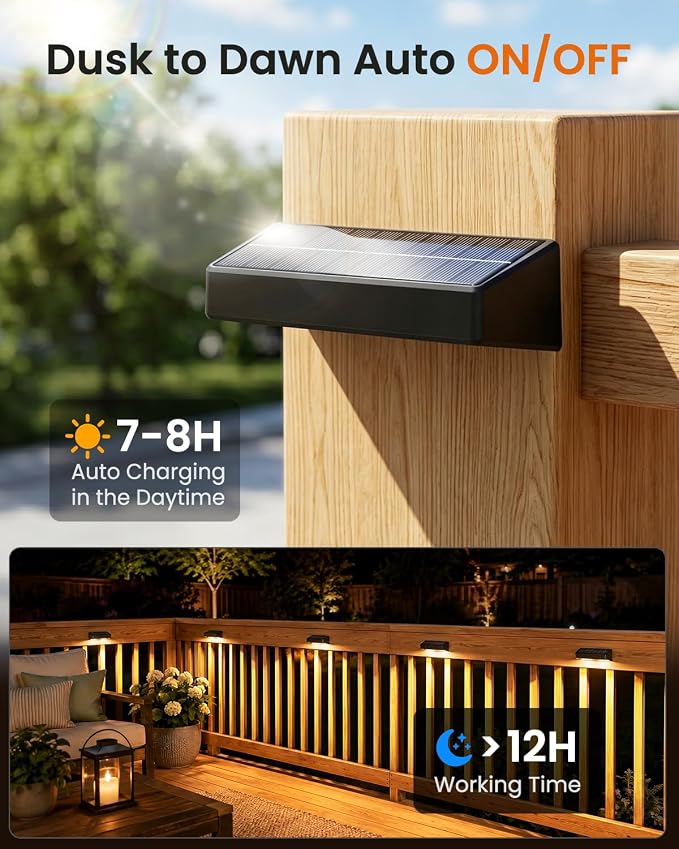 JOFIOS Fence Lights Solar Powered 16 Pack, 3000/4000/6000K 3 Modes, IP65 Waterproof Solar Fence Lights Outdoor, Dusk to Dawn Deck Lights for Outside, Wall, Backyard, Step, Patio, Stair Railings