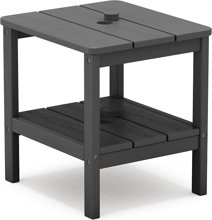 SERWALL 2-Tier HDPE Outdoor Side Table with Umbrella Hole, Weatherproof Rectangular Adirondack Side Table, Gray
