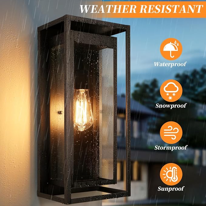 19" Outdoor Wall Lights, 2 Pack Large Size Matte Black Outdoor Sconce Lights with Clear Glass Shade, Waterproof Porch Lighting Exterior Light Fixture for Front Door, Garage