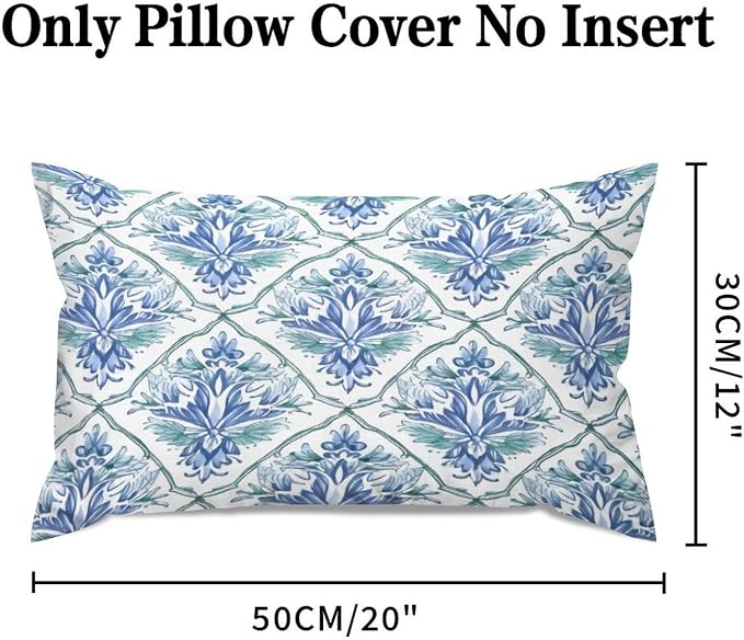 Zipped Pillow Cases for Home Decor Blue and Green Floral Pattern Throw Pillow Cover Set of 2 Farmhouse Cushion Cover Cases for Living Room Club Home Decor 12x20in