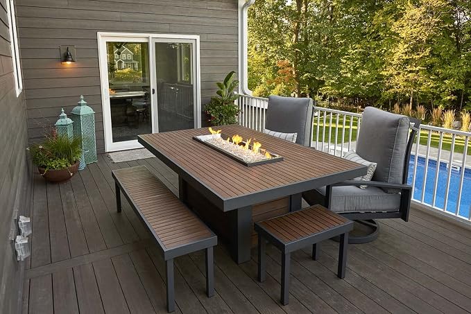 Outdoor GreatRoom Co Propane Fire Pit Dining Table - Kenwood Gas Fire Pits for Outside Patio - 80 Inch Composite Decking Large Dining Height Firepit Fire Table with Glass Tabletop Cover, 80,000 BTU
