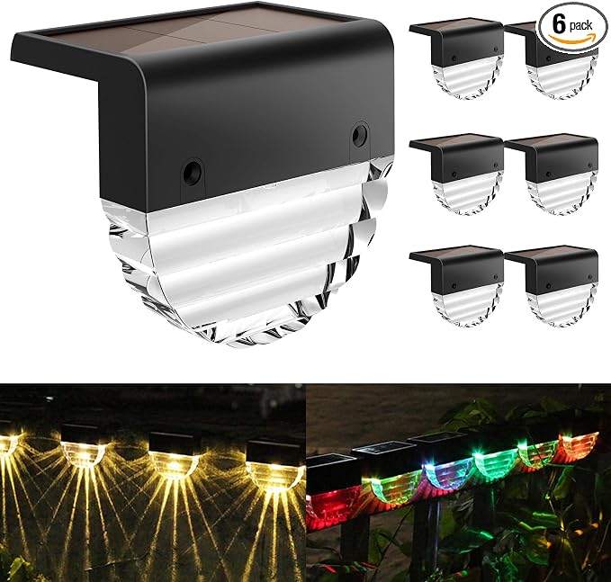 Melunar Solar Deck Lights, 6 Pack Waterproof LED Solar Step Light Outdoor, Fence Lights Solar Powered for Outside, Garden, Patio, Stairs,Yard,10 Lumens, Warm White/Color Changing Lighting