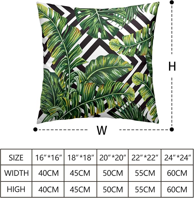Tropical Green Leaves Throw Pillow Covers 18x18 Set of 2 Summer Palm Tree Pillow Cases Geometric Black and White Square Decorative Pillow Covers Modern Home Decor for Sofa Bed
