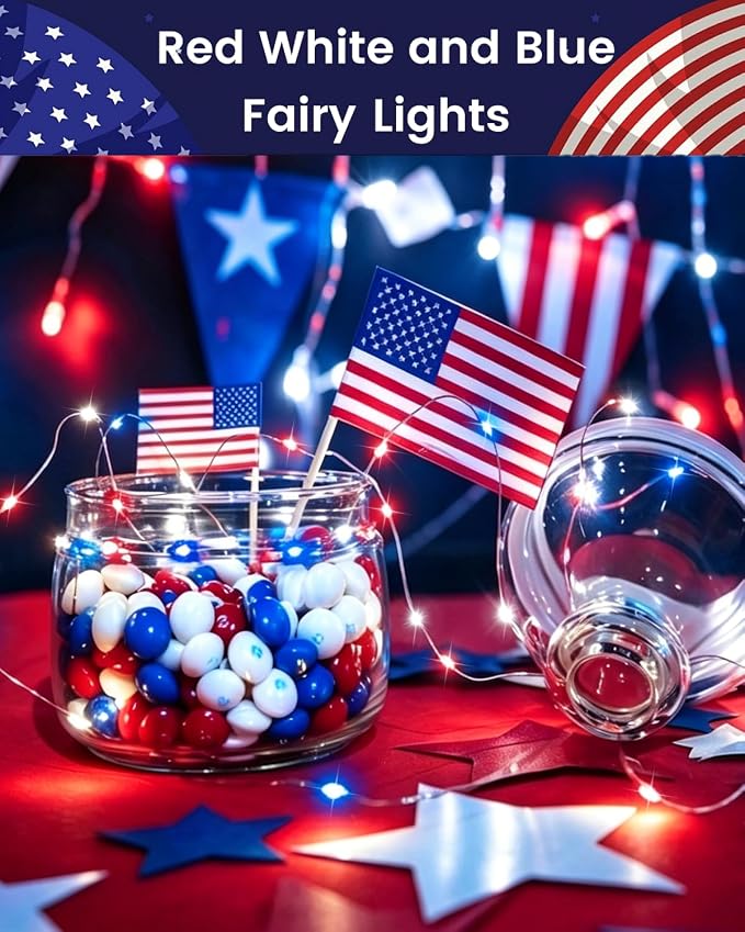 4 Pack 20 FT 60 LED Red White and Blue Battery Operated Fairy Lights Timer | 4th of July Battery String Lights Waterproof Outdoor Indoor, Cuttable Copper Wire, Independence Day Memorial Day Decorations