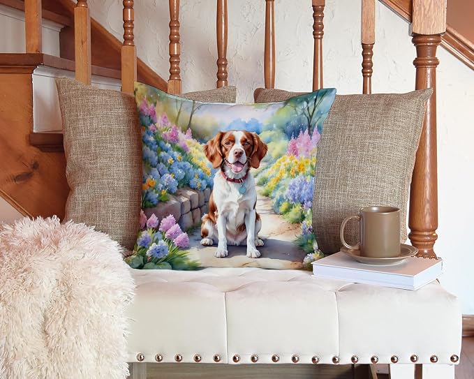 Caroline's Treasures Brittany Spaniel Spring Path Throw Pillow Machine Washable, Indoor Outdoor Decorative Pillow for Couch, Bed or Patio, 14Hx14W