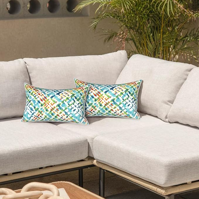 LVTXIII Set of 2 Outdoor Lumbar Pillows for Patio Furniture with White Piping, 12"x20" Fade Resistant Patio Lumbar Pillows with Inserts for Home Coach Sofa Use, Acapa Opal Geometric