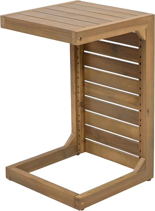 Outdoor C Shaped Side Table, Weather Resistant Acacia Wood Patio Side Table Coffee End Table for Garden Porch Lawn (Brown)