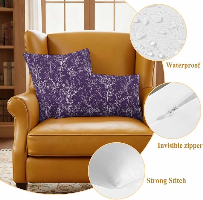 Purple Branches Waterproof Outdoor Pillow Covers Set of 2 Home Decor, Abstract Art Leaves Plant Pillowcase Patio Pillow Covers for Couch Bench Patio Furniture Garden 24x24in