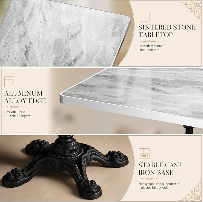 31.5" Outdoor Tulip Dining Table with Sintered Stone Tabletop and Cast Iron Base, Antique Patio Bistro Table for 2-4 Person for Indoor Outside Cafe Restaurant Backyard Garden (Light Gray Marble)