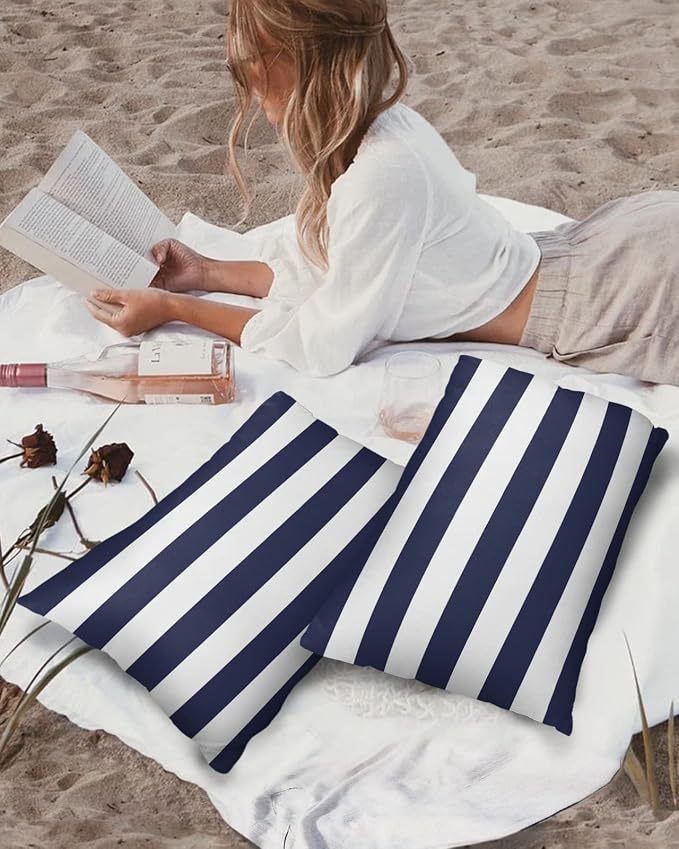 Lumbar Throw Pillow Covers 12x20 Outdoor Waterproof Pillow Covers for Patio Furniture Nautical Striped Throw Pillow Cover Navy Blue Pillowcases Set of 2 Cushion Case for Sofa Couch Chair Home Decor
