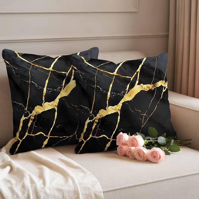 Outdoor Waterproof Pillow Covers 16x16Inch Marble Texture Throw Pillowcases for Patio Garden Couch Sofa Gold Line Black Decorative Cushin Case,Pack of 2