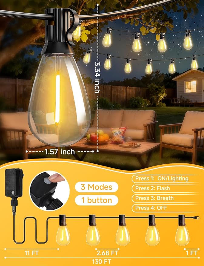 Likesky 130FT LED Outdoor String Lights with Remote Waterproof Patio Lights with Shatterproof S11 Bulbs, Dimmable Outside Hanging Light Connectable for Porch Backyard Yard Garden Decor 2700K