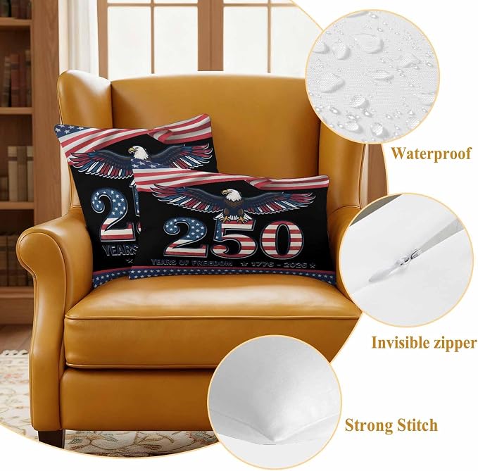 250 Years USA Flag Outdoor Waterproof Throw Pillow Covers 16x16 Set of 2, Independence Day Eagle Anniversary Decorative Pillowcases Cushion Pillowcase for Couch Sofa Patio Outside Pillow Protector