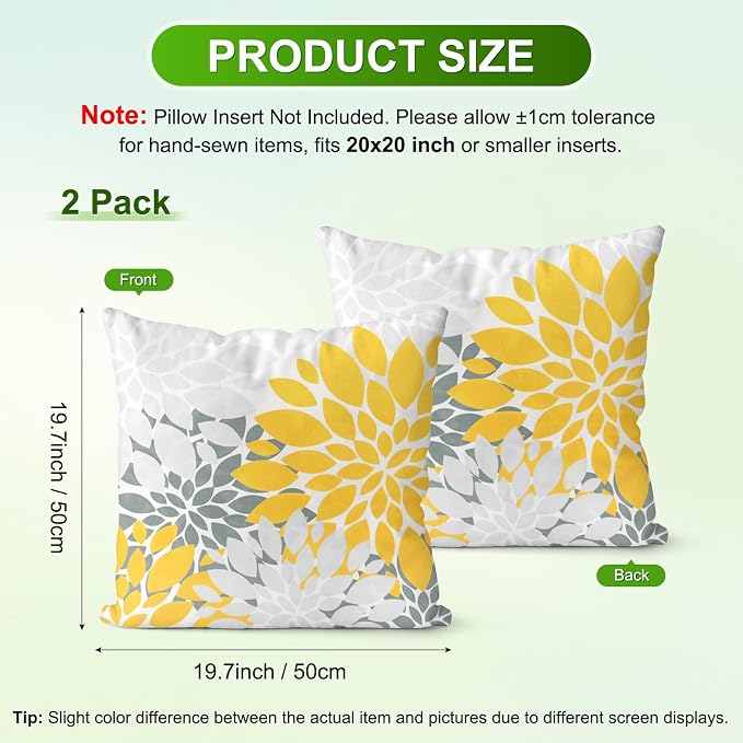 M METERXITY 2-Pack Pillow Cover 20x20 Linen, Yellow Gray | Water Resistant Floral Decor Slipcover, for Patio, Balcony, Garden, Outdoor Pillow Case
