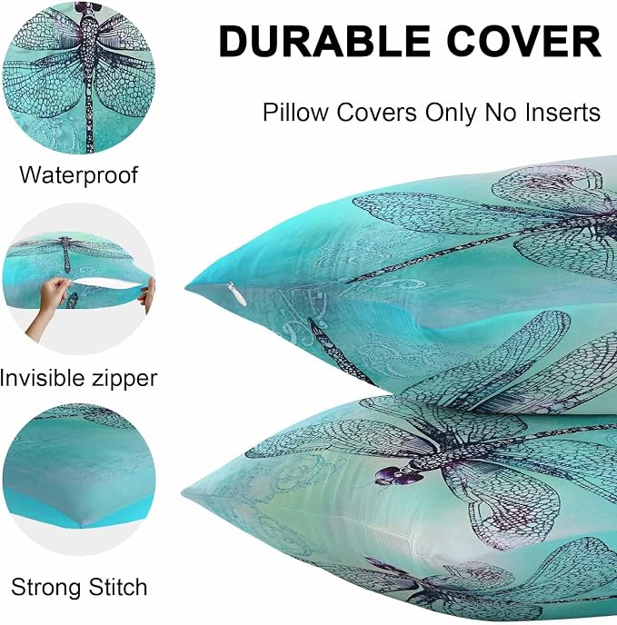 Vandarllin Outdoor Throw Pillows Covers 20x20 inch Set of 2 Waterproof Watercolors Dragonfly Decorative Zippered Cushion Covers for Patio Furniture, Teal Painting Lumbar Pillowcases