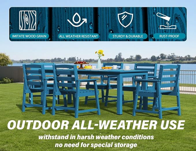 Ayge 9-Piece Outdoor Dining Set – HDPE Patio Furniture for 8 with 2" Hole Cut-Out Table & 8 Chairs, Perfect for Pool, Patio, Garden, Navy