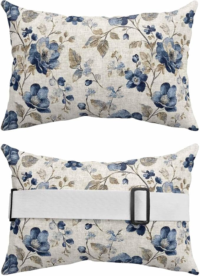 Navy Blue Floral Outdoor Lumbar Pillow Covers 11"x16" Set of 2, Decorative Throw Pillow Covers for Patio, Beige Vintage Farmhouse Botanical Leaves Waterproof Cushion Case for Pool Beach Chair