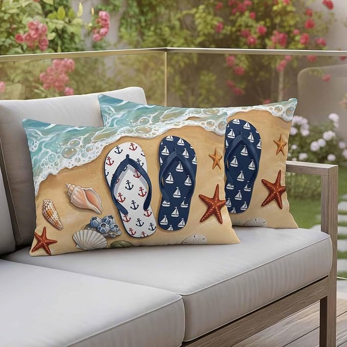 Blue Beige Seaside Outdoor Waterproof Throw Pillow Covers 20x12 Set of 2, Coastal Waves Starfish Summer Beach Nautical Decorative Pillowcases Cushion Pillowcase for Couch Sofa Patio Pillow Protector