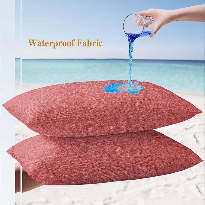 Outdoor Waterproof Throw Pillow Covers Set of 2 Coral Red Linen Lumbar Pillowcases 20x12 Inches Farmhouse Pure Color Decorative Pillows Cushion Case Patio Pillows for Couch Bed Chair Garden
