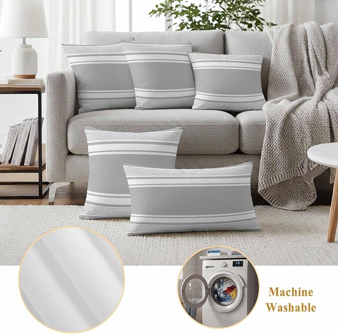 Vandarllin Outdoor Throw Pillows Covers 24x24 inch Set of 2 Waterproof Grey Stripes Decorative Zippered Cushion Covers for Patio Furniture, Striped Lines Lumbar Pillowcases