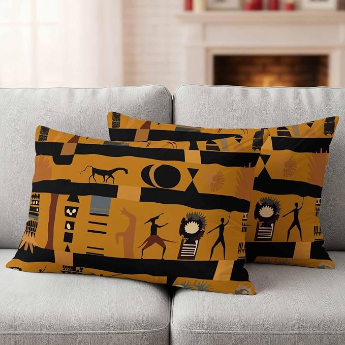 Outdoor Pillow Covers Waterproof, African Ethnic Decorative Rectangle Throw Pillowcases Patio Cushion Covers for Tent/Garden, 20" x 12" 2 Pack, Vintage Ethnic Tribes Richness Brown