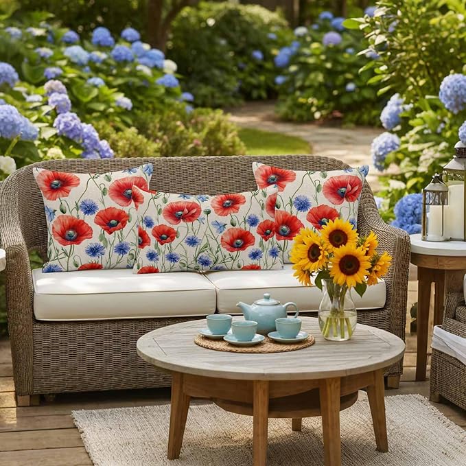 Red Blue Flowers Waterproof Outdoor Pillow Covers Set of 2 Home Decor, Patriotic Poppy Floral Summer Country Pillowcase Patio Pillow Covers for Couch Bench Furniture Garden 16x16in
