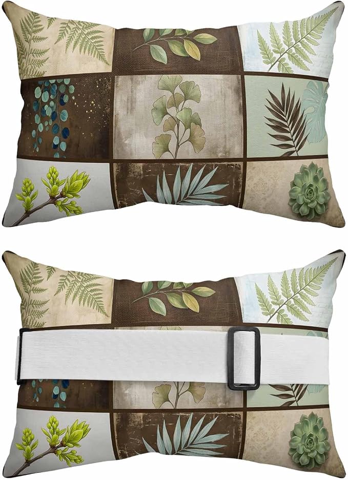 Outdoor Chair Pillow Headrest for Patio Pool Chaise Lounge, Vintage Leaves Recliner Head Pillow, Green Palm Plants Ginkgo Rustic Botanical Waterproof Pillowcases Lumbar Pillows & Insert 11x16x2pcs