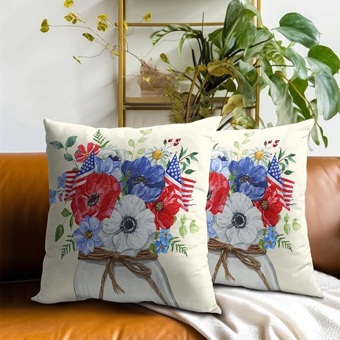 4th of July Flowers Pillow Covers 20x20 Inch, 2Pcs Blue Red Poppies with American Flag Pillow Case Independence Memorial Day Decorative Cushion Cover for Sofa Bed Couch