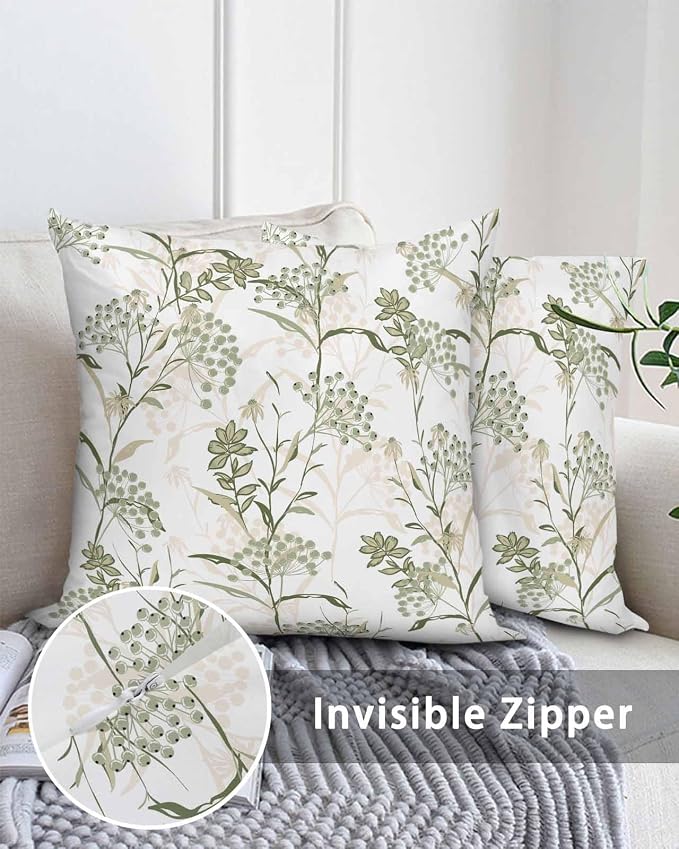 Outdoor Waterproof Throw Pillows Pastoral Sage Green Herbs Plant Patio Pillows Pack of 1,Decorative Pillow Covers with Insert,Pillow Cushion Case for Garden Couch Sofa Botanical Leaf on White