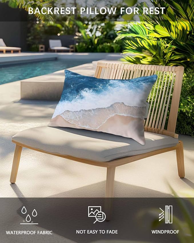 Chaise Lounge Head Pillows,Coastal Ocean Wave Beach Theme Lumbar Pillow for Patio Beach Pool Outdoor Waterproof Patio Throw Pillows Abstract Blue White Stripe