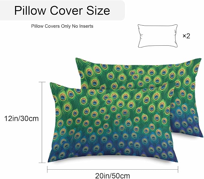 Peacock Feathers Outdoor Waterproof Pillow Covers, Ombre Blue Green Modern Animals Printed Decorative Rectangle Throw Pillowcase Sofa Cushion Sham for Patio/Couch/Chair, 20"x12" 2 Pack